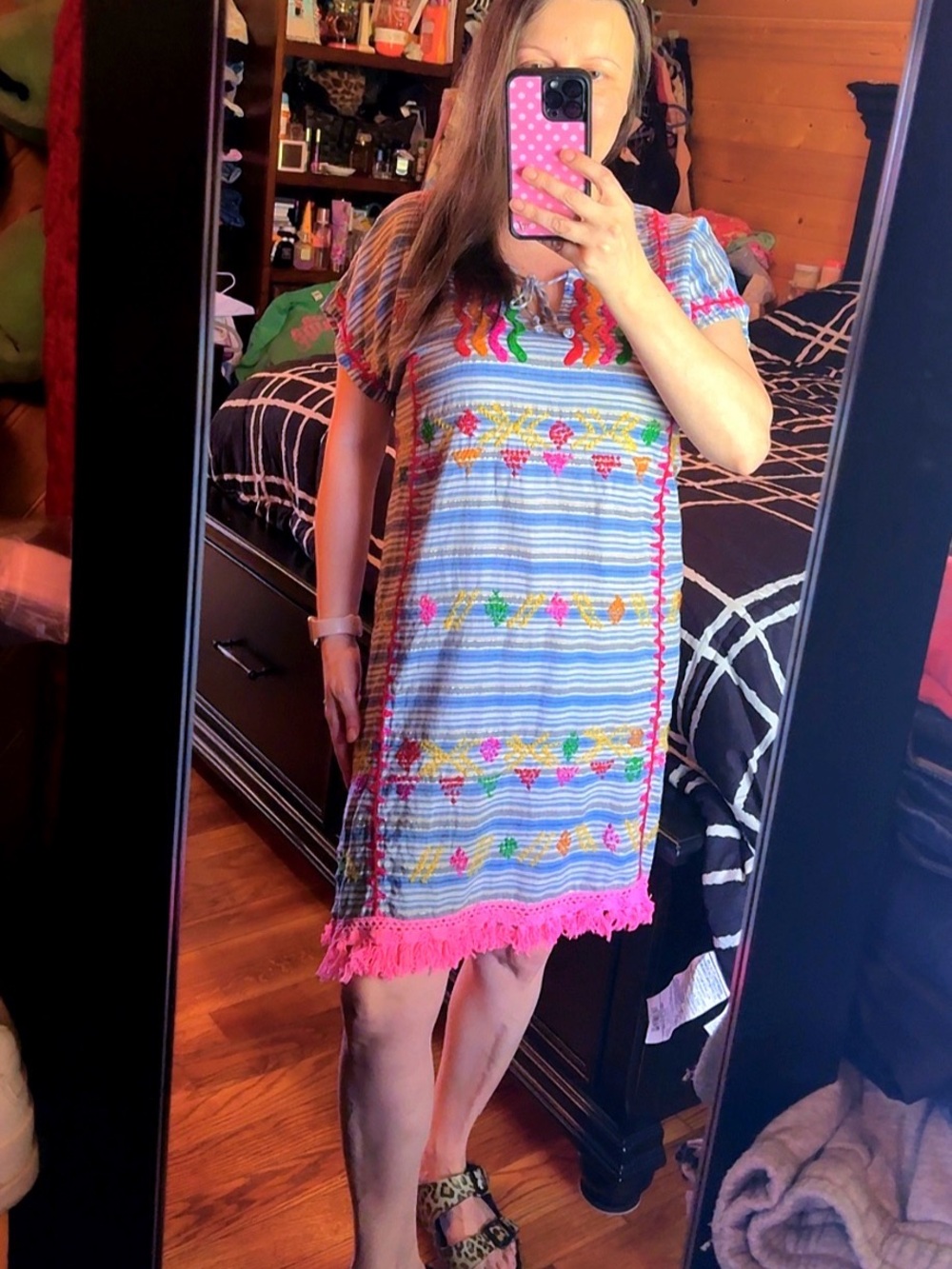 Anthropologie Ruby Yaya Embroidered Stripe Fringe Dress Size Medium Boho Cotton